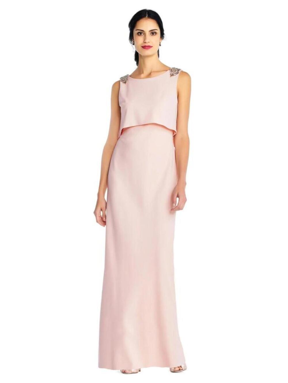 Adrianna Papell Blush Layered Bodice Beaded Shoulder Maxi Dress